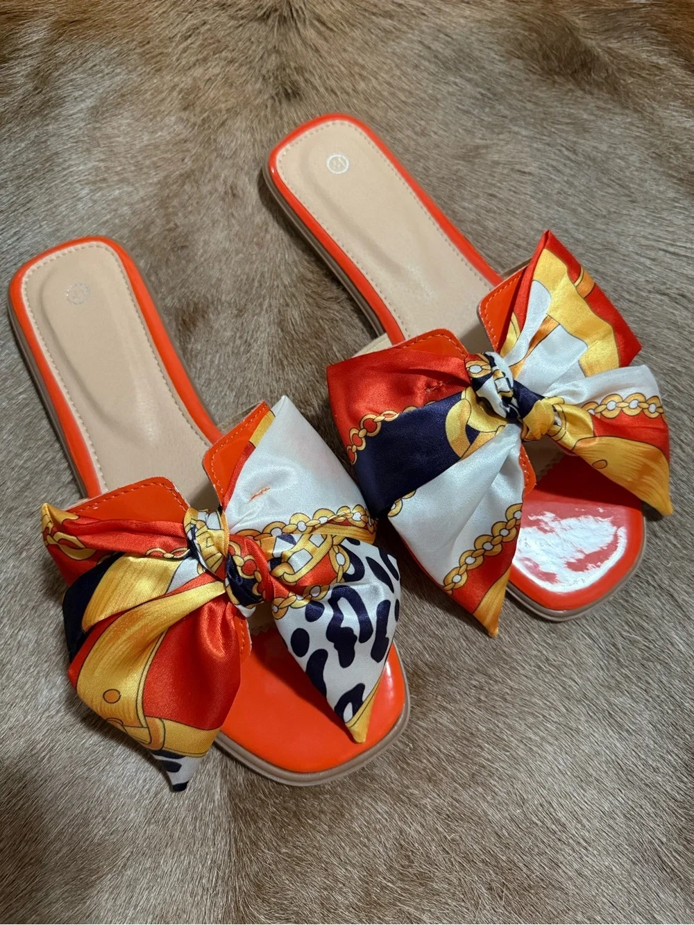 Never worn - Women’s Orange Bow Slide Sandals/Slides with Printed Scarf Accent